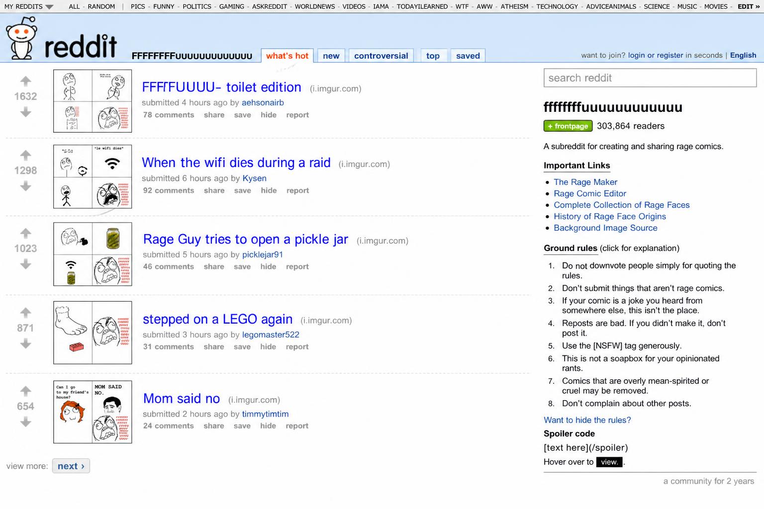 Screenshot of the r/fffffffuuuuuuuuuuuu subreddit, the original home of rage comics